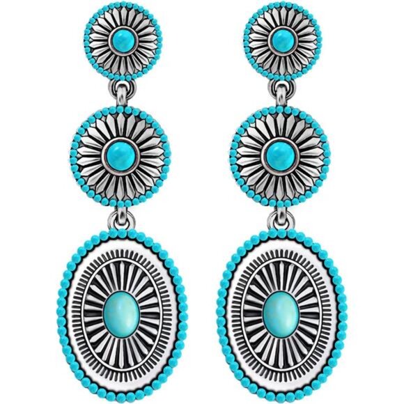 Western Turquoise Earrings | Silver Boho Cowgirl Dangle Jewelry - Picture 1 of 3
